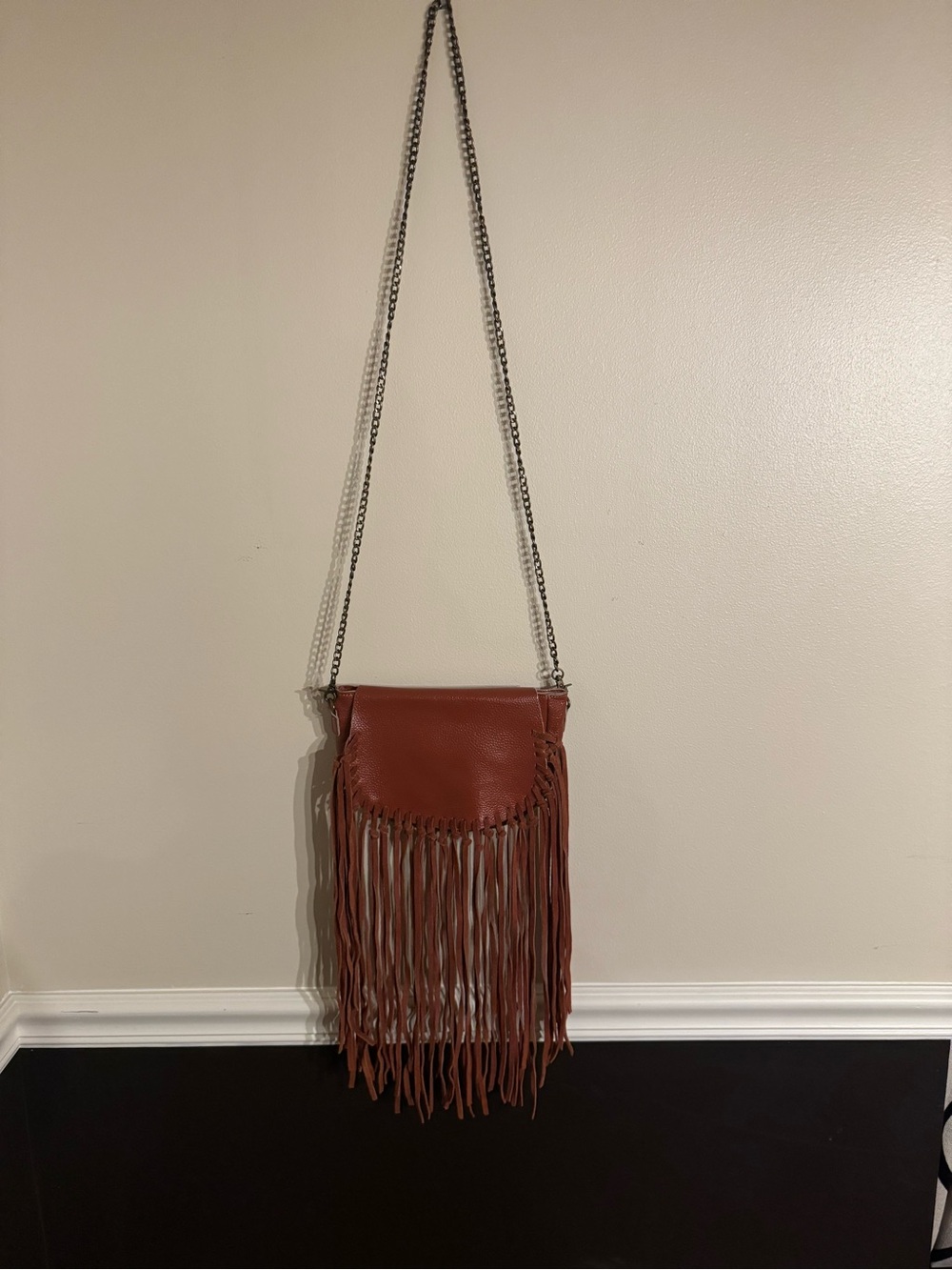 Genuine Leather Long Fringe Crossbody Bag in Cognac Brown Chain Strap Boho West